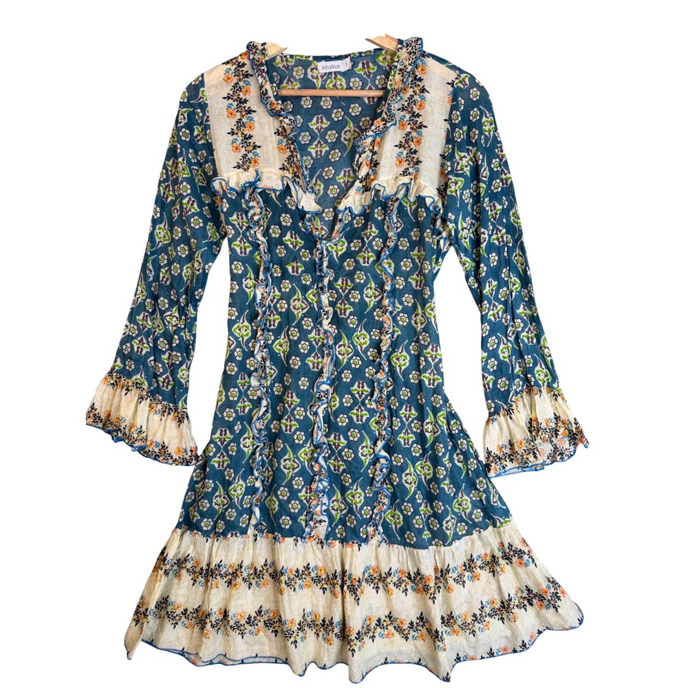 Vintage Boho Floral Ruffle Mini Dress Womens S Blue Cotton Sequin Cottagecore